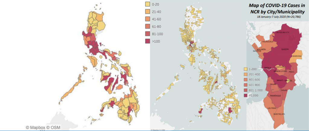 Mapy nakažených na Filipínách podle regionů (vlevo) a podle měst (vpravo)